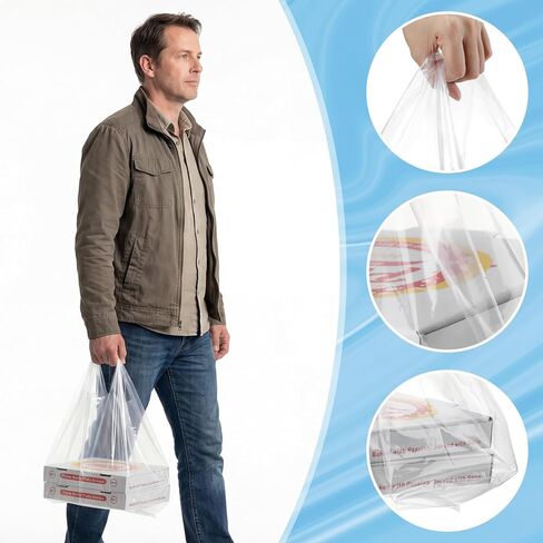 100 Pcs 3.15 Mil Large Plastic Take out Bags with Handles Heavy Duty Clear Shopping Bag Widened Grocery Bags for Pizza Bakery Cake Box (13.8"x10"x23.5") in Kuwait