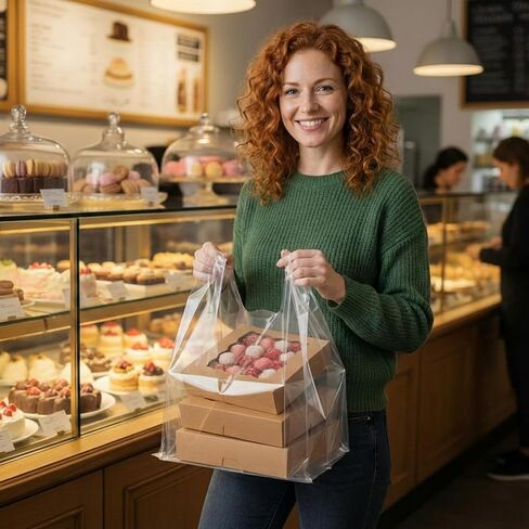 100 Pcs 3.15 Mil Large Plastic Take out Bags with Handles Heavy Duty Clear Shopping Bag Widened Grocery Bags for Pizza Bakery Cake Box (13.8"x10"x23.5") in Kuwait