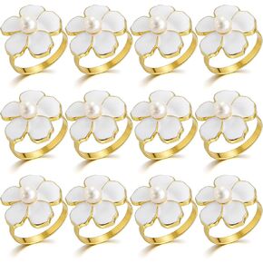 مجموعة من 12 حلقة منديل على شكل زهرة بيضاء، حامل حلقات منديل منديل ذهبي للعطلات لتزيين إعداد العشاء، وحفلات الزفاف، وحفلات استقبال المولود الجديد، وعيد الفصح، وعيد الشكر، والكريسماس، والحفلات in Kuwait