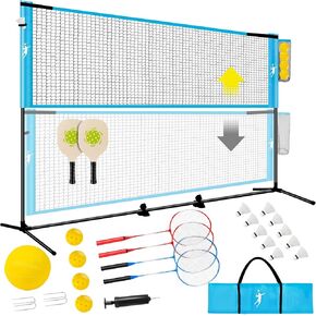 Pickleball Badminton Net Set for Backyards, All-in-One Portable Volleyball Combo Set with Adjustable Net, Volleyball Pickleball Paddles & Badminton Rackets for Indoor Outdoor in Kuwait