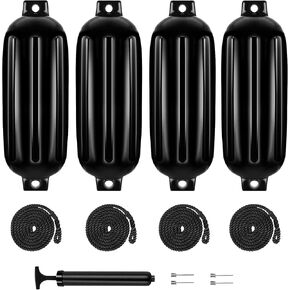 4.5/5.5/6.5/8.5 Inch Boat Fenders - 4 Pack Boat Bumpers for Docking, Ribbed Twin Eyes with 4 Ropes & Air Pump, UV & Saltwater Resistant, for Jon Boats, Pontoon Boats Black/Blue/White/Blue &White in Kuwait