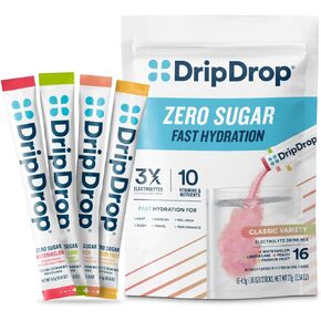 عبوات ترطيب خالية من السكر من DripDrop - حزمة متنوعة كلاسيكية صفر - مزيج مشروب مسحوق إلكتروليتات فردي - ليمون ليمون، بطيخ، خوخ، فاكهة العاطفة - غير معدلة وراثيًا، خالي من الغلوتين، نباتي - 32 عصا in Kuwait