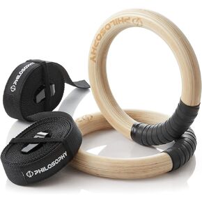 Philosophy Gym Wood Gymnastic Rings 1" or 1.25" Grip with Adjustable Straps and Grip Tape for Pull Ups, Dips, Muscle Ups in Kuwait