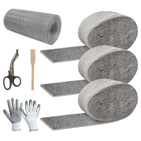 Steel Wool Mice Control - 3 Pack 2.75in x 13ft & 1 Pack Wire Mesh 5in x 15ft, Gap Filler for Pipes Home Garage Garden, DIY Kit with Gloves, Scissors and Wooden Stick in Kuwait