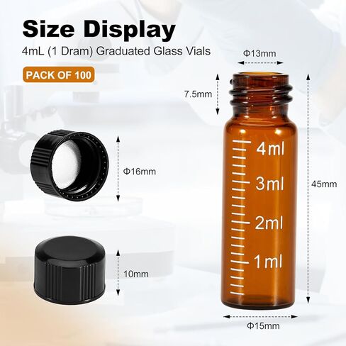 FOUR E'S SCIENTIFIC 100 Pack 4ml Glass Graduated Vials, 1 Dram Amber Small Sample Vials with Plastic Screw Caps Borosilicate Glass Sample Bottles for Liquid Powder Storage in Saudi Arabia