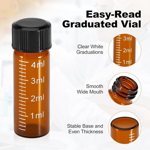 FOUR E'S SCIENTIFIC 100 Pack 4ml Glass Graduated Vials, 1 Dram Amber Small Sample Vials with Plastic Screw Caps Borosilicate Glass Sample Bottles for Liquid Powder Storage in Saudi Arabia