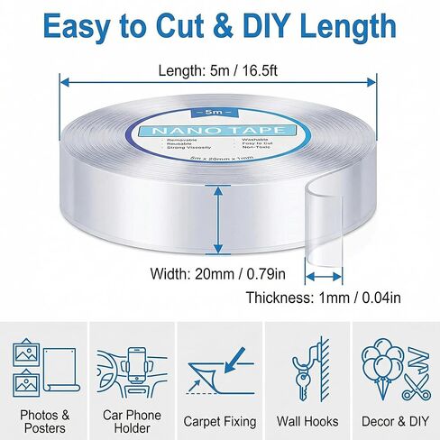 Double-Sided Mounting Tape 0.8in x 16FT, Multipurpose Removable Adhesive Foam Tape, Transparent, Household in Saudi Arabia