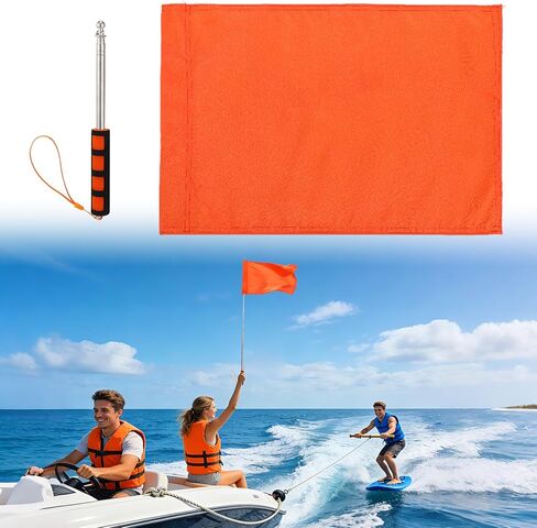 Orange Boat Flag with Telescoping Flag Pole - 12"x18" Stable Water Ski Flags, 47" Adjustable Handheld Flagpole with Comfortable Foam Grip, Boat Safety Equipment Accessories for Watersports Kayak in Kuwait