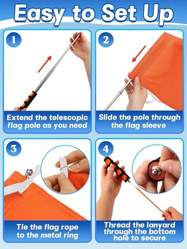 Orange Boat Flag with Telescoping Flag Pole - 12"x18" Stable Water Ski Flags, 47" Adjustable Handheld Flagpole with Comfortable Foam Grip, Boat Safety Equipment Accessories for Watersports Kayak in Kuwait