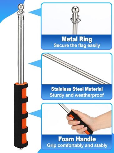 Orange Boat Flag with Telescoping Flag Pole - 12"x18" Stable Water Ski Flags, 47" Adjustable Handheld Flagpole with Comfortable Foam Grip, Boat Safety Equipment Accessories for Watersports Kayak in Kuwait