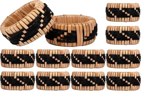 ALPHA Living HOME Natural Rattan Napkin Rings Set of 12 - Handcrafted Cane Serviette Holders for Table Decor, Weddings, Parties, Dinners, Rustic Boho Style Napkin Rings Set (Brown) in Kuwait