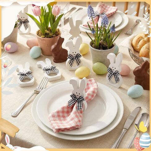 Patelai 8 Pieces Wooden Easter Bunny Rabbit Napkin Rings Dinner Easter Napkins Ring Table Dinner for Party Decoration (White) in Saudi Arabia