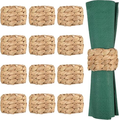 12 Pcs Boho Rattan Woven Napkin Rings, Farmhouse Water Hyacinth Wooden Rustic Napkin Rings Holders for Table Wedding Decor Christmas Set of 12 (12) in Kuwait