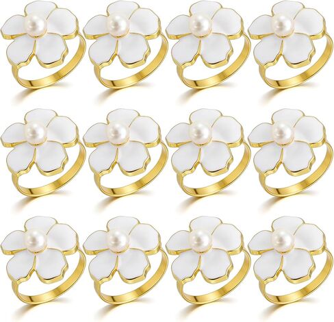 مجموعة من 12 حلقة منديل على شكل زهرة بيضاء، حامل حلقات منديل منديل ذهبي للعطلات لتزيين إعداد العشاء، وحفلات الزفاف، وحفلات استقبال المولود الجديد، وعيد الفصح، وعيد الشكر، والكريسماس، والحفلات in Kuwait