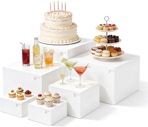 مجموعة عرض طاولة الحلوى، 6 قطع رافعات بوفيه، مجموعة عرض طاولة الحلوى، رافعات بوفيه بيضاء، صناديق أكريليك للعرض باللون الأبيض، مجموعة عرض طاولة الحلوى، صناديق مكعبة NestingRisers (8"-7"-6"-5"-4"-4") in Kuwait
