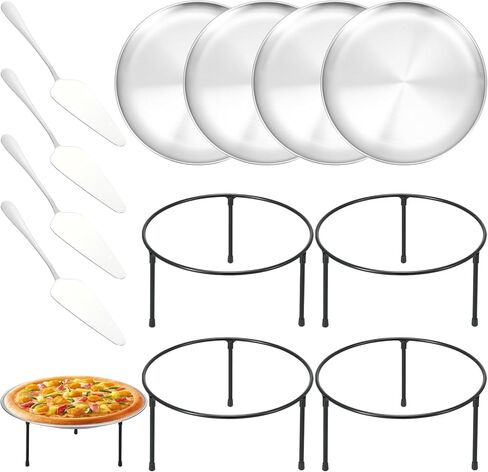 12 Pcs Pizza Pan Riser Stands Sets Includes 4 Round Pizza Tray Riser Rack Holder 4 12inch Pizza Pan and 4 Wood Handle Pie Server, Pizza Rack Stand Pizza Tray for Home and Party in Saudi Arabia