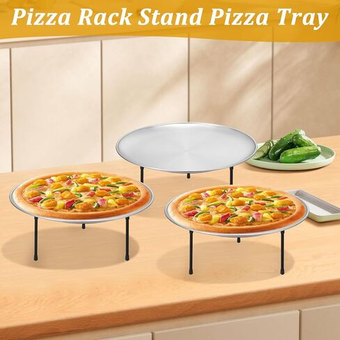 12 Pcs Pizza Pan Riser Stands Sets Includes 4 Round Pizza Tray Riser Rack Holder 4 12inch Pizza Pan and 4 Wood Handle Pie Server, Pizza Rack Stand Pizza Tray for Home and Party in Saudi Arabia