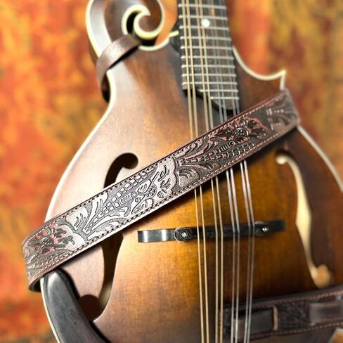 Walker And Williams M-22-RD Mahogany Red Leather Premium Padded Mandolin Strap With Live Oak Design, For Mandola, Bouzouki or Ukulele. For F And A Type Mandolins in Saudi Arabia