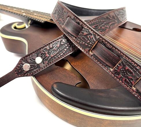 Walker And Williams M-22-RD Mahogany Red Leather Premium Padded Mandolin Strap With Live Oak Design, For Mandola, Bouzouki or Ukulele. For F And A Type Mandolins in Saudi Arabia