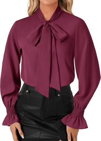 LYANER Women's Bow Tie Front Smocked Long Sleeve Blouse Elegant Office Shirt Top in Saudi Arabia
