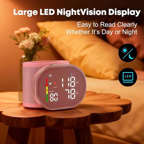 جهاز قياس ضغط الدم من المعصم قابل لإعادة الشحن مع سوار مقاس 5.3 بوصة ~ 7.7 بوصة، ذاكرة 2 × 120، ذاكرة ومستخدم بزر واحد، جهاز مراقبة ضغط الدم التلقائي الاحترافي للعائلة (وردي) in Kuwait