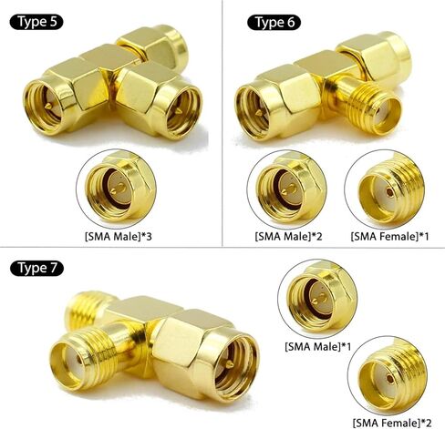 SMA RPSMA to Dual Two RP-SMA Adapter 2 Male Female 3 Way Coaxial Connector Kit Triple RP T Plugs Splitter(Type3) in Saudi Arabia