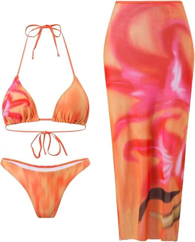 GORGLITTER Women's 3 Piece Swimsuits Tie Dye Y2k Halter Triangle Thong Bikini Sets with Cover Up Skirt in Saudi Arabia