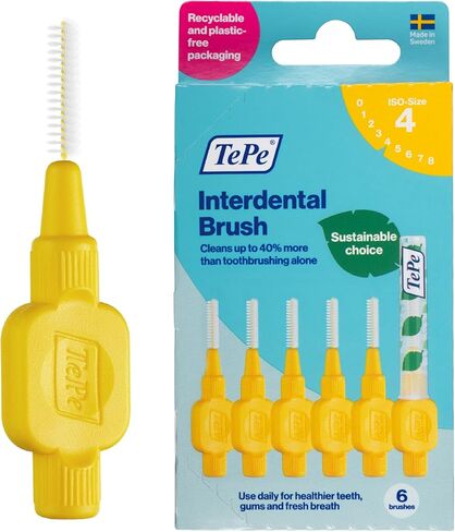 TePe Interdental Brush Original, Soft Dental Brush for Teeth Cleaning, Pack of 6, 0.7 mm, Medium Gaps, Yellow, Size 4 in Kuwait