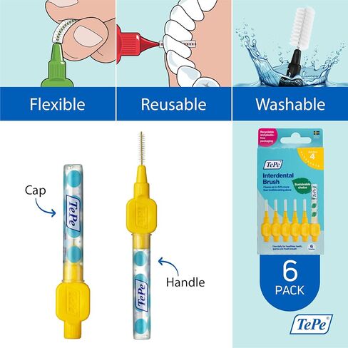 TePe Interdental Brush Original, Soft Dental Brush for Teeth Cleaning, Pack of 6, 0.7 mm, Medium Gaps, Yellow, Size 4 in Kuwait