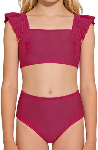 فتاة تكدرت قبعة الأكمام 2 قطعة ملابس السباحة ساحة الرقبة المحاصيل الأعلى تراينغل قصيرة ملابس الشاطئ بلون لباس سباحة in Kuwait