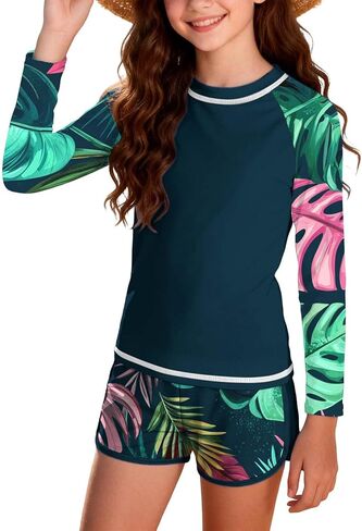 Girls 2 Pieces Rash Guard Swimsuit Quick Dry Long Sleeve Bathing Suits with Shorts Tropical Printed Swimwear 12-17Y in Saudi Arabia