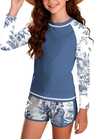 ملابس سباحة للفتيات قطعتين من Rash Guard سريعة الجفاف وأكمام طويلة مع شورت ملابس سباحة مطبوعة استوائية 12-17 سنة in Saudi Arabia