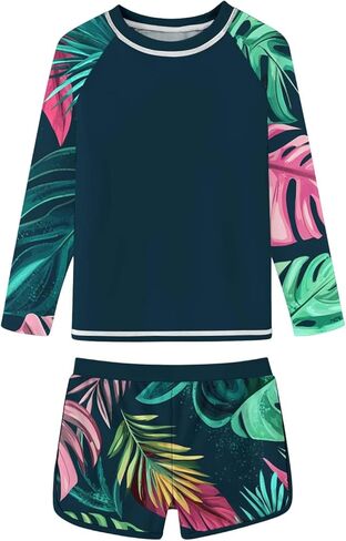 Girls 2 Pieces Rash Guard Swimsuit Quick Dry Long Sleeve Bathing Suits with Shorts Tropical Printed Swimwear 12-17Y in Saudi Arabia