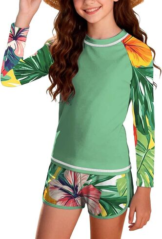 Girls 2 Pieces Rash Guard Swimsuit Quick Dry Long Sleeve Bathing Suits with Shorts Tropical Printed Swimwear 12-17Y in Saudi Arabia