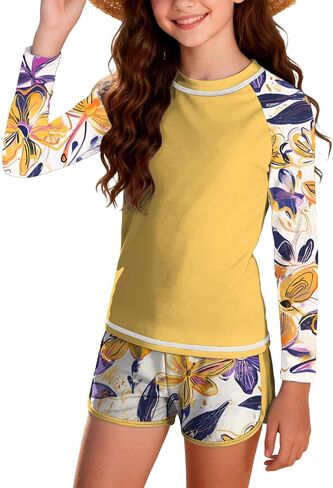 Girls 2 Pieces Rash Guard Swimsuit Quick Dry Long Sleeve Bathing Suits with Shorts Tropical Printed Swimwear 12-17Y in Saudi Arabia