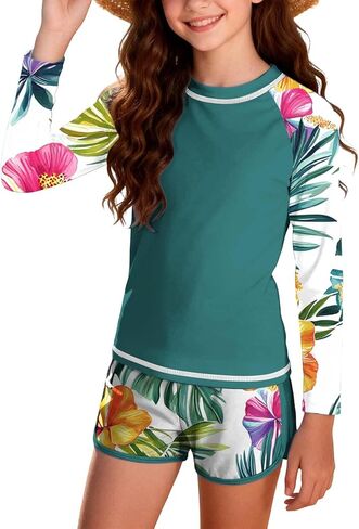 Girls 2 Pieces Rash Guard Swimsuit Quick Dry Long Sleeve Bathing Suits with Shorts Tropical Printed Swimwear 12-17Y in Saudi Arabia