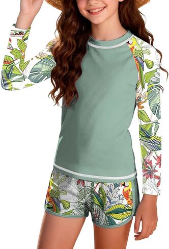 Girls 2 Pieces Rash Guard Swimsuit Quick Dry Long Sleeve Bathing Suits with Shorts Tropical Printed Swimwear 12-17Y in Saudi Arabia