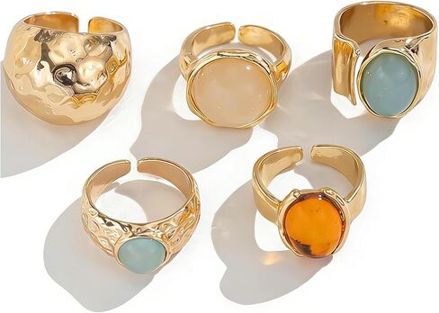 Chunky Gold Rings for Women Dainty Adjustable Non Tarnish Chunky Gemstone Statement Ring Vintage Irregular Open Ring Set Trendy Jewelry for Women in Kuwait