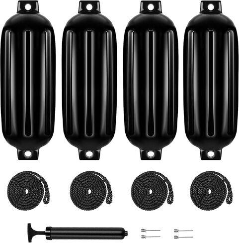 4.5/5.5/6.5/8.5 Inch Boat Fenders - 4 Pack Boat Bumpers for Docking, Ribbed Twin Eyes with 4 Ropes & Air Pump, UV & Saltwater Resistant, for Jon Boats, Pontoon Boats Black/Blue/White/Blue &White in Kuwait