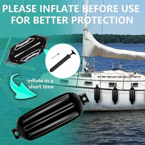 4.5/5.5/6.5/8.5 Inch Boat Fenders - 4 Pack Boat Bumpers for Docking, Ribbed Twin Eyes with 4 Ropes & Air Pump, UV & Saltwater Resistant, for Jon Boats, Pontoon Boats Black/Blue/White/Blue &White in Kuwait
