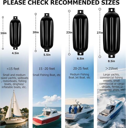 4.5/5.5/6.5/8.5 Inch Boat Fenders - 4 Pack Boat Bumpers for Docking, Ribbed Twin Eyes with 4 Ropes & Air Pump, UV & Saltwater Resistant, for Jon Boats, Pontoon Boats Black/Blue/White/Blue &White in Kuwait
