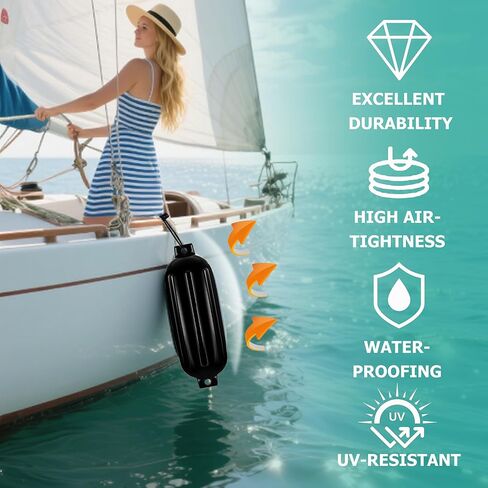 4.5/5.5/6.5/8.5 Inch Boat Fenders - 4 Pack Boat Bumpers for Docking, Ribbed Twin Eyes with 4 Ropes & Air Pump, UV & Saltwater Resistant, for Jon Boats, Pontoon Boats Black/Blue/White/Blue &White in Kuwait