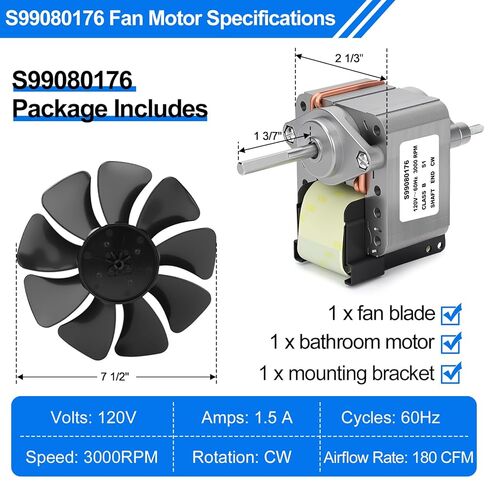 محرك مروحة عادم الحمام S99080176 99080176 - محرك مروحة تهوية قوي 180 CFM، متوافق مع محرك مروحة الحمام 505-A، 505-B، 505MG، 507-A، 507-B، 507-C، 507-MG SP-61K32 in Kuwait