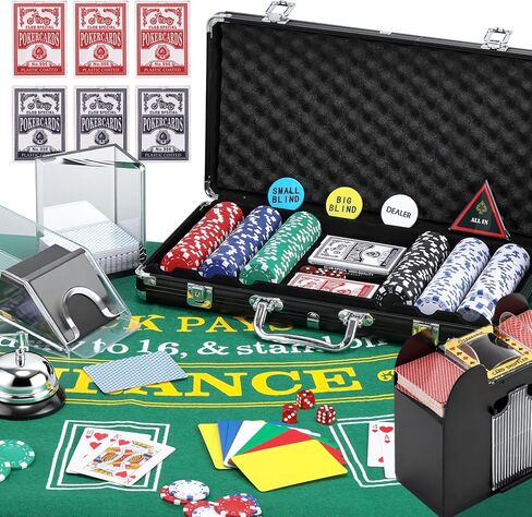 NEWTRY Blackjack Set, Complete Black Jack Set with Card Shuffler, 300pcs Chips, Poker Mat, Card Shoe, Chip Rake, Discard Tray, 8 Playing Cards, Bell, Dice, Cut Cards and 4 Buttons for Party Game Night in Saudi Arabia
