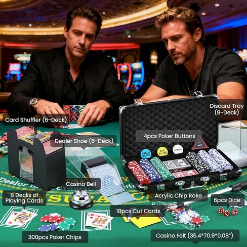 NEWTRY Blackjack Set, Complete Black Jack Set with Card Shuffler, 300pcs Chips, Poker Mat, Card Shoe, Chip Rake, Discard Tray, 8 Playing Cards, Bell, Dice, Cut Cards and 4 Buttons for Party Game Night in Saudi Arabia