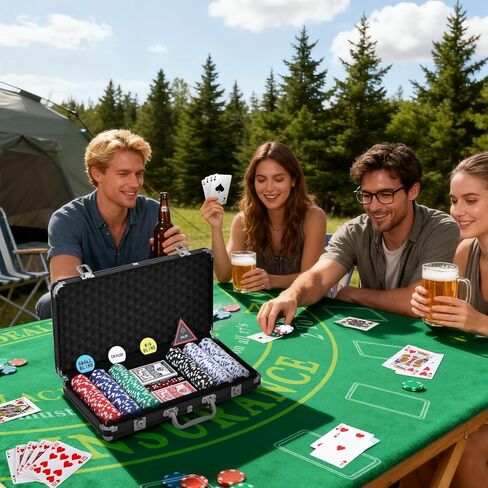 NEWTRY Blackjack Set, Complete Black Jack Set with Card Shuffler, 300pcs Chips, Poker Mat, Card Shoe, Chip Rake, Discard Tray, 8 Playing Cards, Bell, Dice, Cut Cards and 4 Buttons for Party Game Night in Saudi Arabia