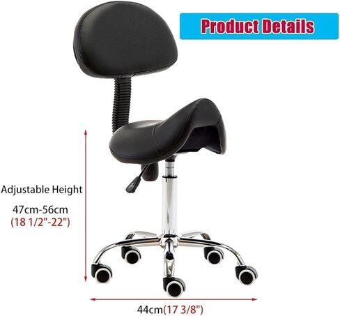 كرسي سرج مريح مع دعم للظهر، مقعد دوار قابل للتعديل للأسنان، الصالون، المكتب والاستخدام المنزلي - دوران 360 درجة، مقعد مريح من جلد البولي يوريثان، أقصى تحميل 440 رطل (أسود) in Kuwait