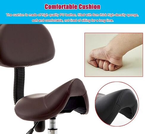 كرسي سرج مريح مع دعم للظهر، مقعد دوار قابل للتعديل للأسنان، الصالون، المكتب والاستخدام المنزلي - دوران 360 درجة، مقعد مريح من جلد البولي يوريثان، أقصى تحميل 440 رطل (أسود) in Kuwait