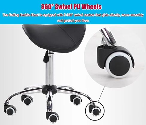 كرسي سرج مريح مع دعم للظهر، مقعد دوار قابل للتعديل للأسنان، الصالون، المكتب والاستخدام المنزلي - دوران 360 درجة، مقعد مريح من جلد البولي يوريثان، أقصى تحميل 440 رطل (أسود) in Kuwait