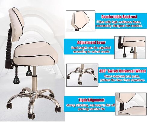 كرسي سرج مريح للأسنان مع دعم للظهر، مقعد دوار قابل للتعديل لفناني الوشم ومصففي الشعر والمهنيين الطبيين - دوران 360 درجة، أقصى تحميل 440 رطلاً in Kuwait